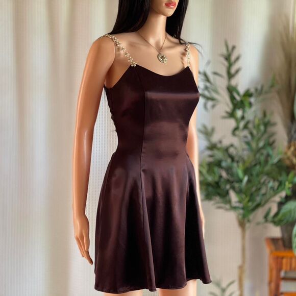 Vtg Y2K Jessica McClintock Gunne Sax Brown Satin Mini Dress Daisy Straps Sz 5/6 - Picture 1 of 9